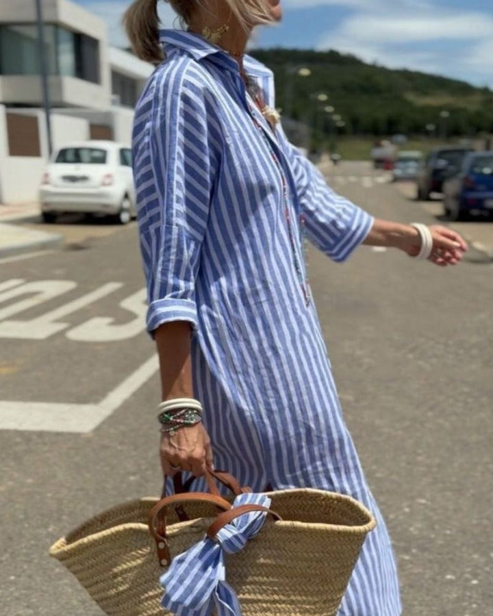 Women's Striped Midi Shirt Dress with Button Front