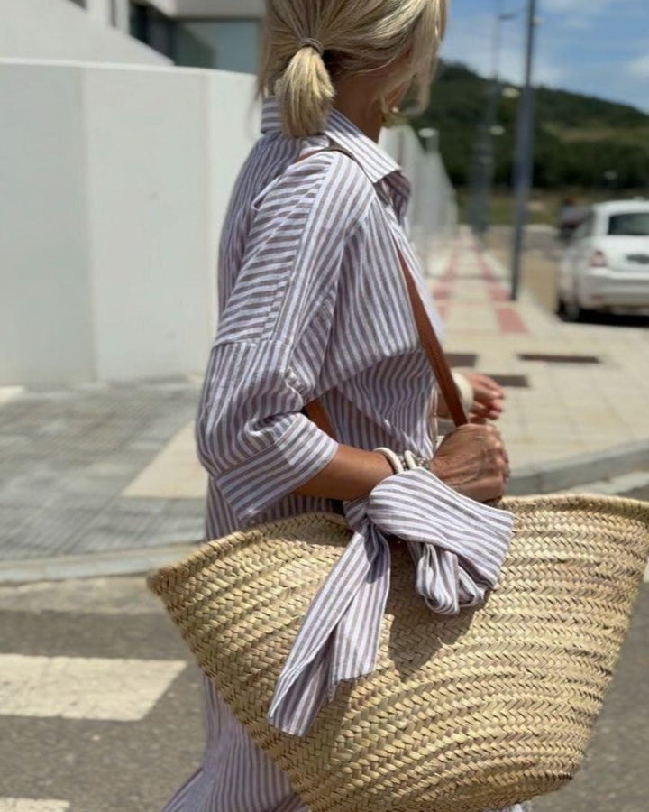 Women's Striped Midi Shirt Dress with Button Front