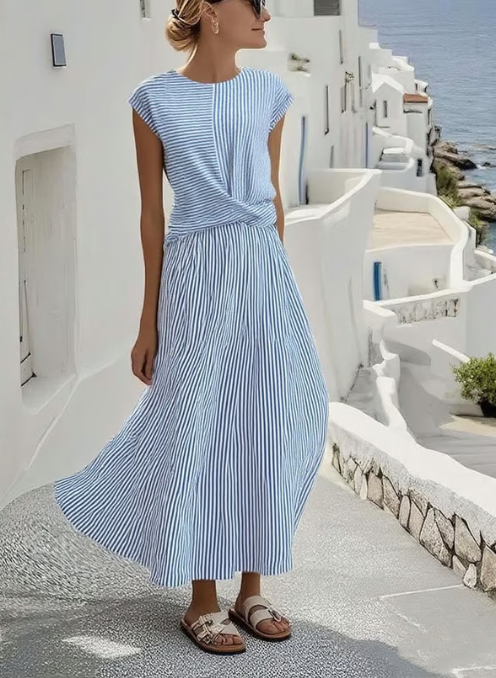 Women's Striped Summer Maxi Dress with Twist Front