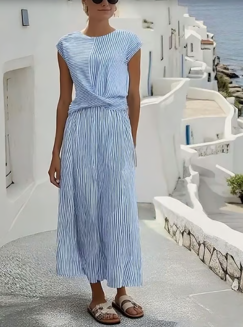 Women's Striped Summer Maxi Dress with Twist Front