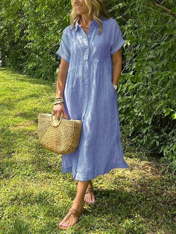 Women's Striped Summer Midi Shirt Dress with Pockets