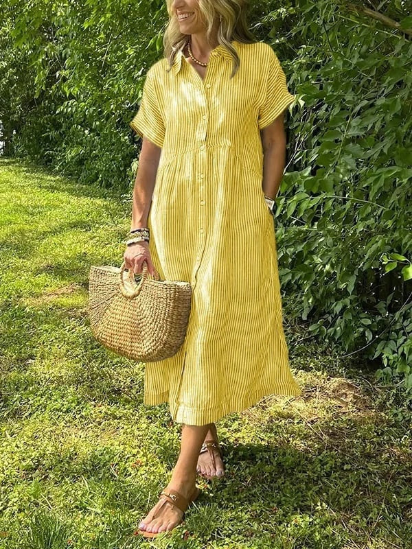 Women's Striped Summer Midi Shirt Dress with Pockets