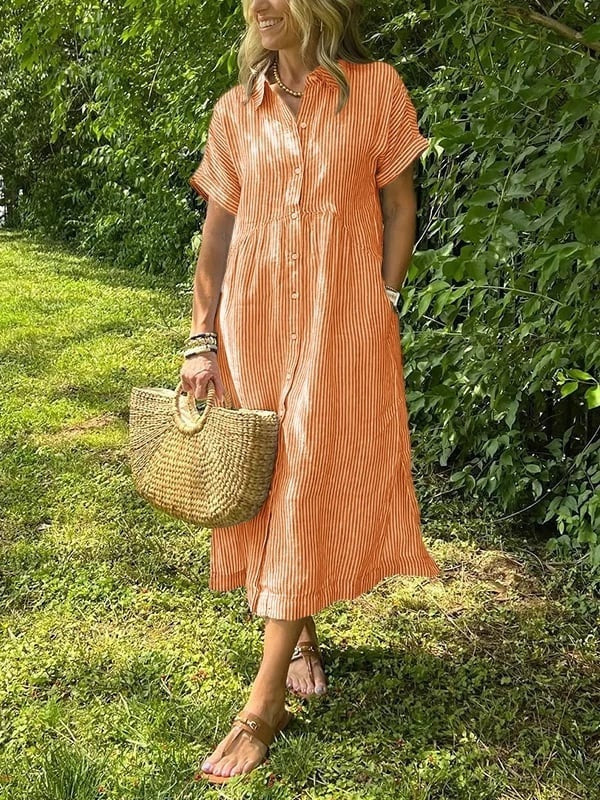 Women's Striped Summer Midi Shirt Dress with Pockets