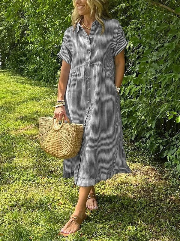 Women's Striped Summer Midi Shirt Dress with Pockets
