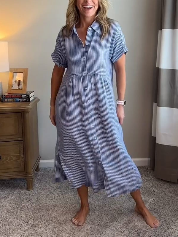 Women's Striped Summer Midi Shirt Dress with Pockets