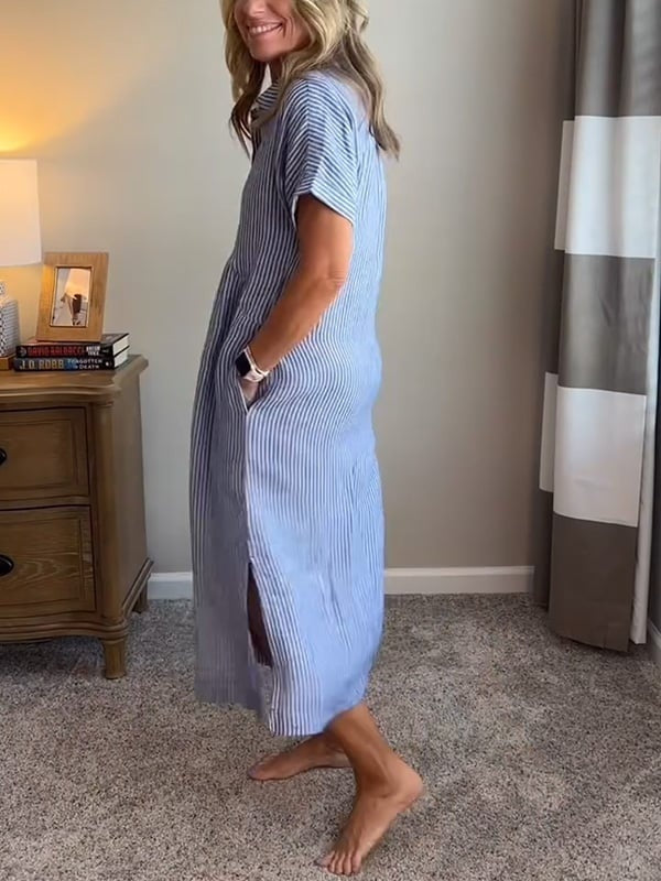 Women's Striped Summer Midi Shirt Dress with Pockets