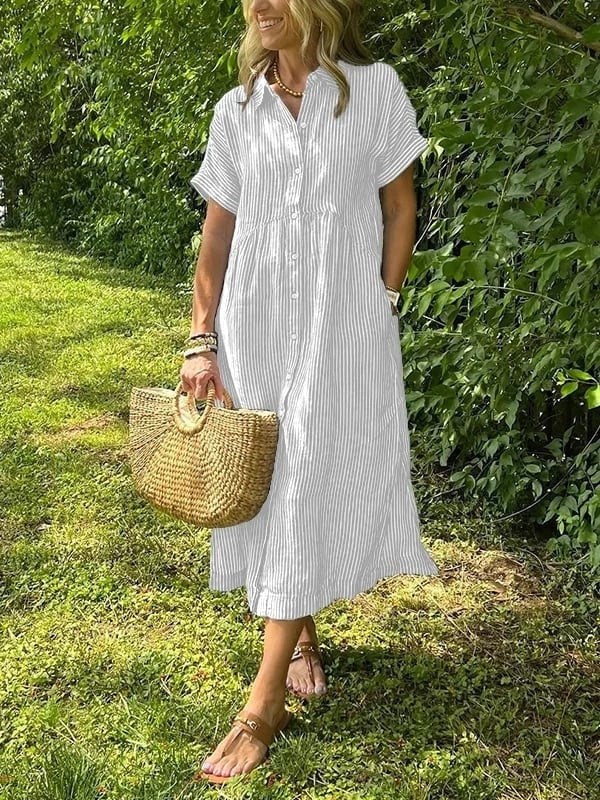 Women's Striped Summer Midi Shirt Dress with Pockets