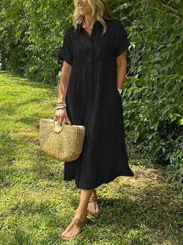 Women's Striped Summer Midi Shirt Dress with Pockets