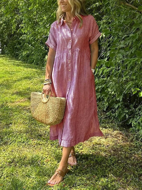 Women's Striped Summer Midi Shirt Dress with Pockets