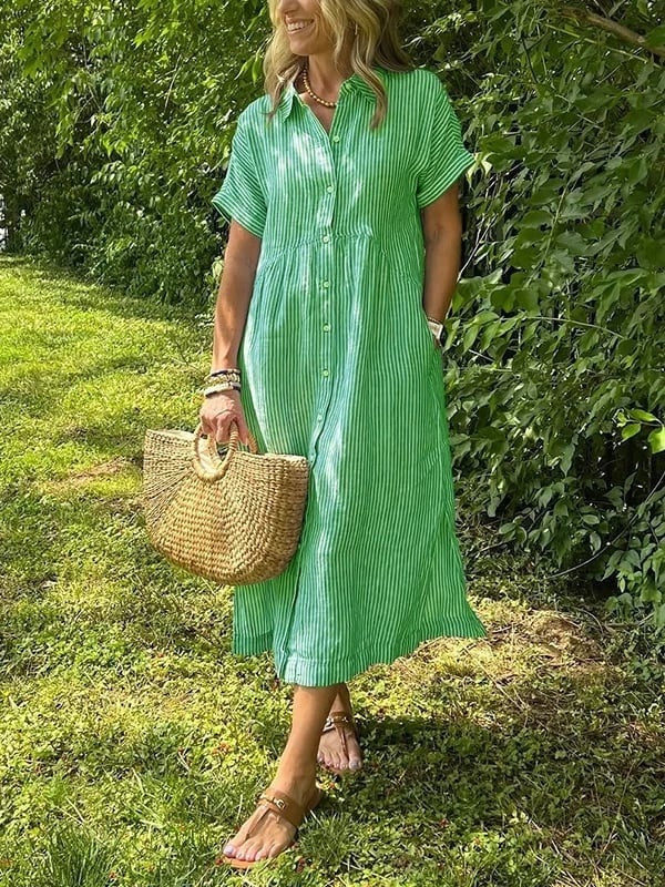 Women's Striped Summer Midi Shirt Dress with Pockets