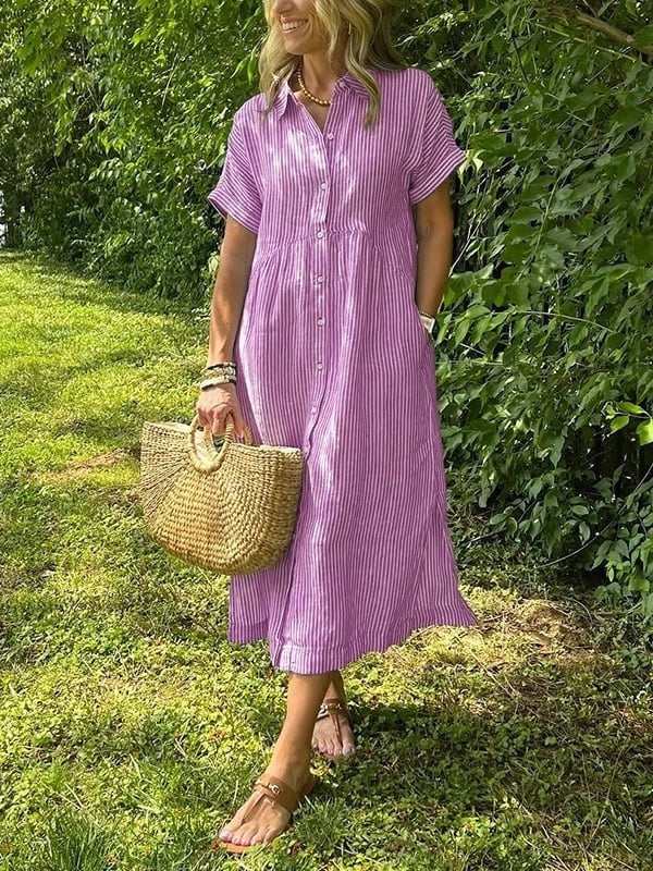Women's Striped Summer Midi Shirt Dress with Pockets