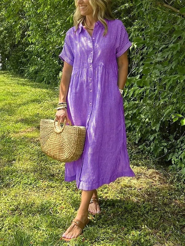 Women's Striped Summer Midi Shirt Dress with Pockets