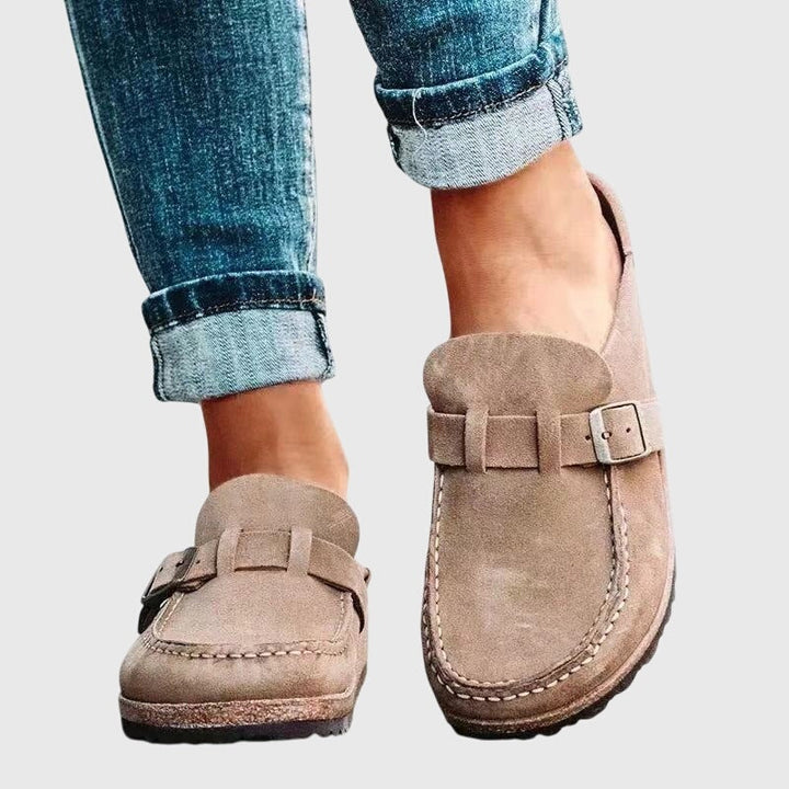 Women's Suede-Look Closed Toe Clogs with Buckle Strap