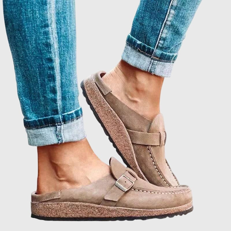 Women's Suede-Look Closed Toe Clogs with Buckle Strap