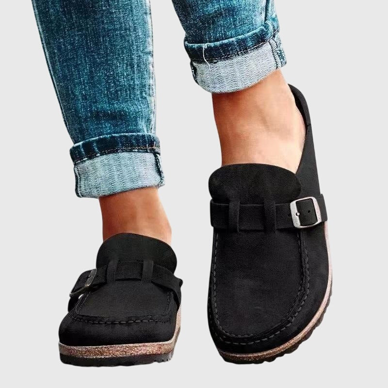Women's Suede-Look Closed Toe Clogs with Buckle Strap
