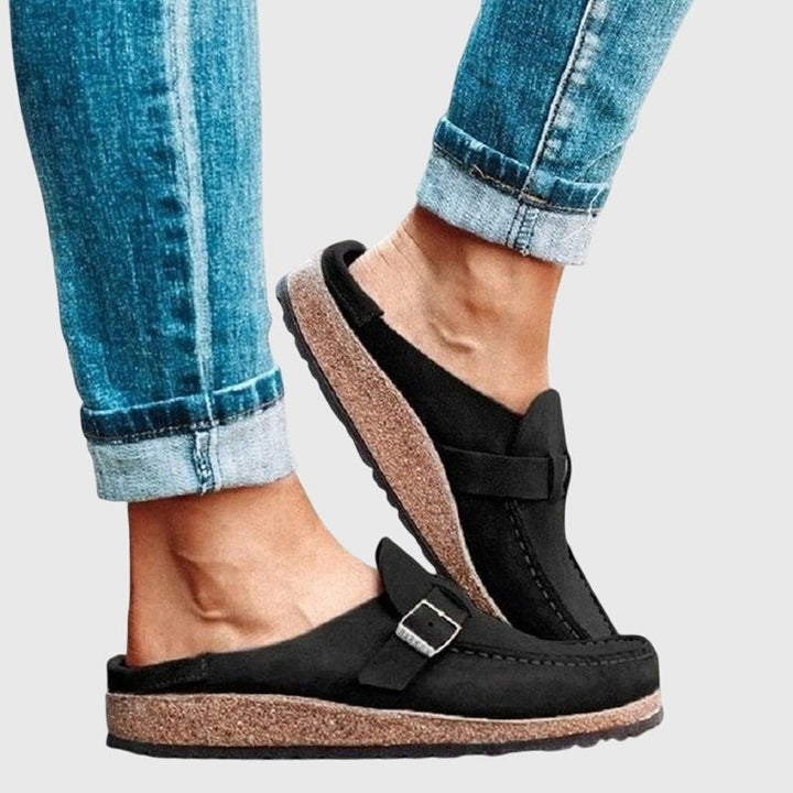 Women's Suede-Look Closed Toe Clogs with Buckle Strap
