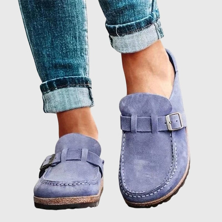 Women's Suede-Look Closed Toe Clogs with Buckle Strap