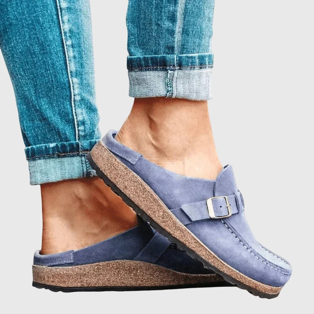 Women's Suede-Look Closed Toe Clogs with Buckle Strap