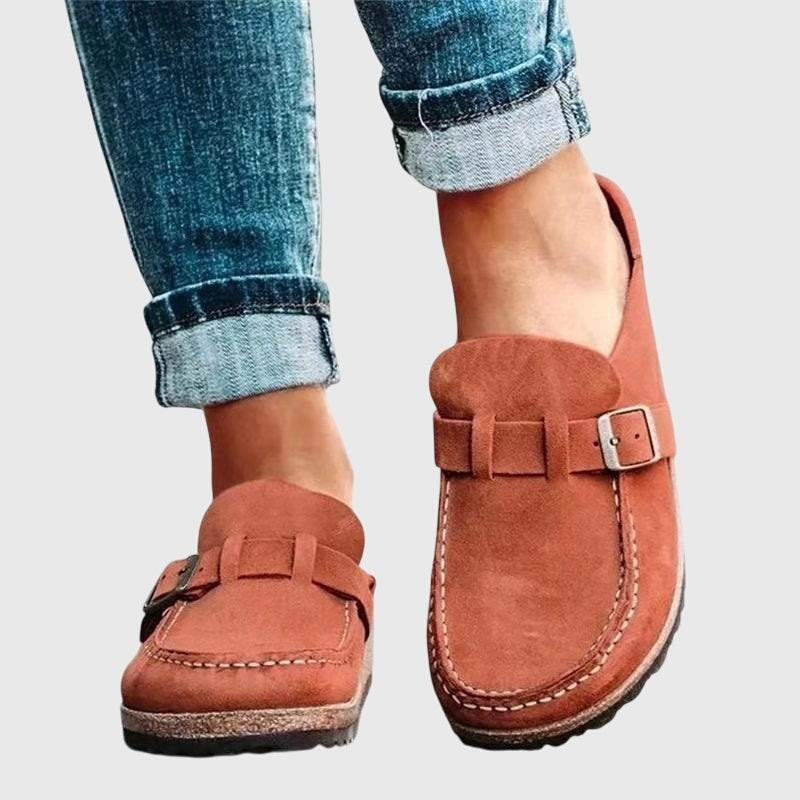 Women's Suede-Look Closed Toe Clogs with Buckle Strap