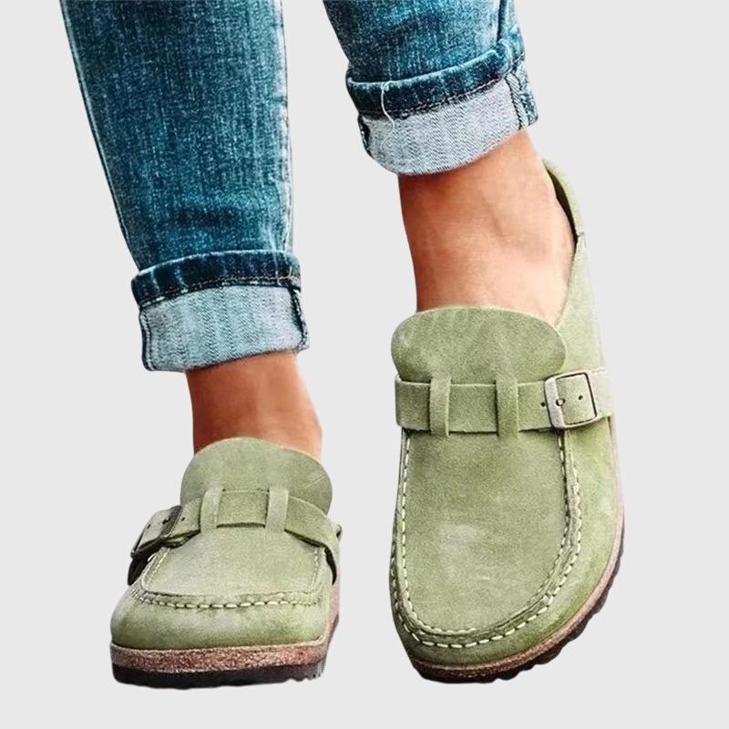 Women's Suede-Look Closed Toe Clogs with Buckle Strap