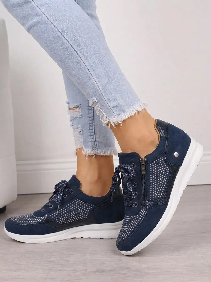 Women's Suede-Look Sneakers with Side Zip and Glitter Laces
