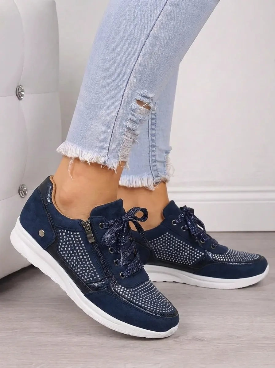 Women's Suede-Look Sneakers with Side Zip and Glitter Laces