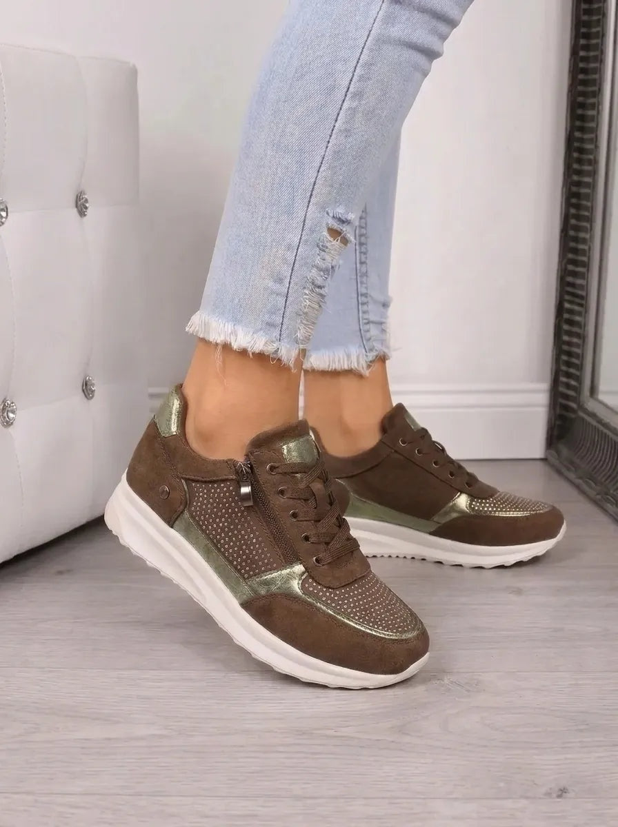 Women's Suede-Look Sneakers with Side Zip and Glitter Laces