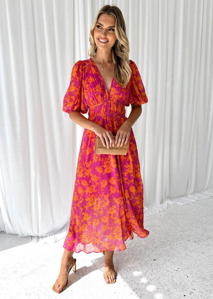 Women's Summer Floral Midi Dress with Puff Sleeves
