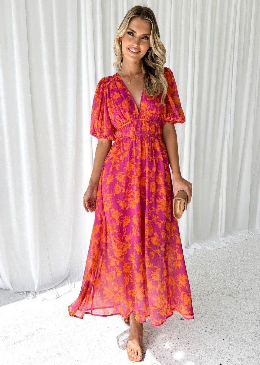 Women's Summer Floral Midi Dress with Puff Sleeves
