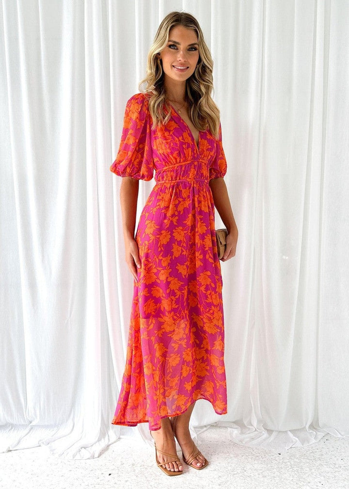 Women's Summer Floral Midi Dress with Puff Sleeves