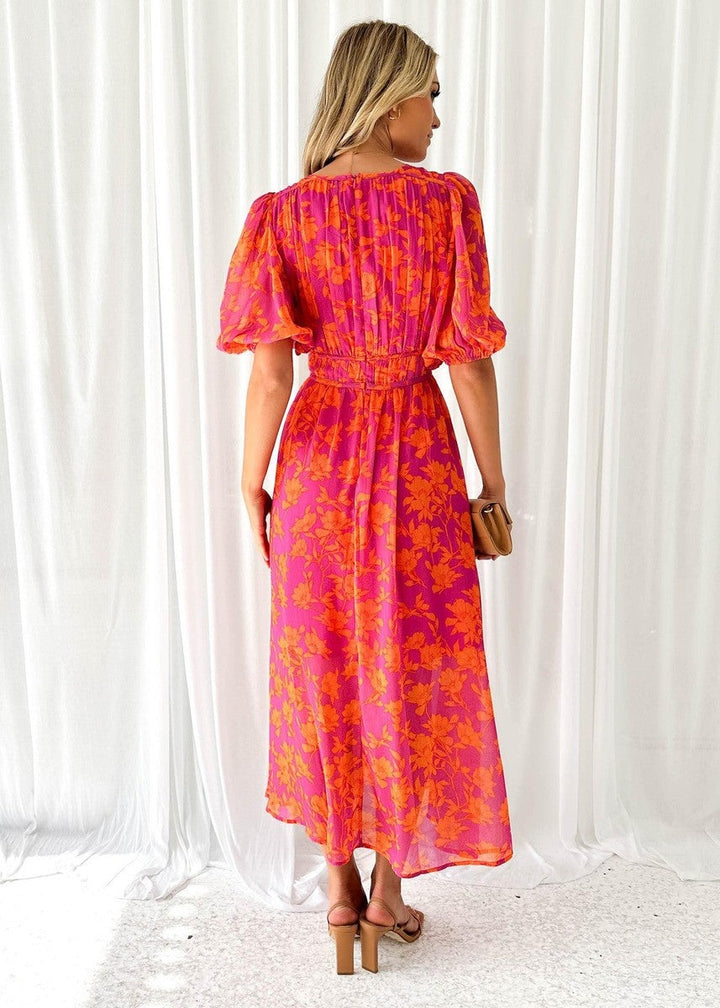 Women's Summer Floral Midi Dress with Puff Sleeves