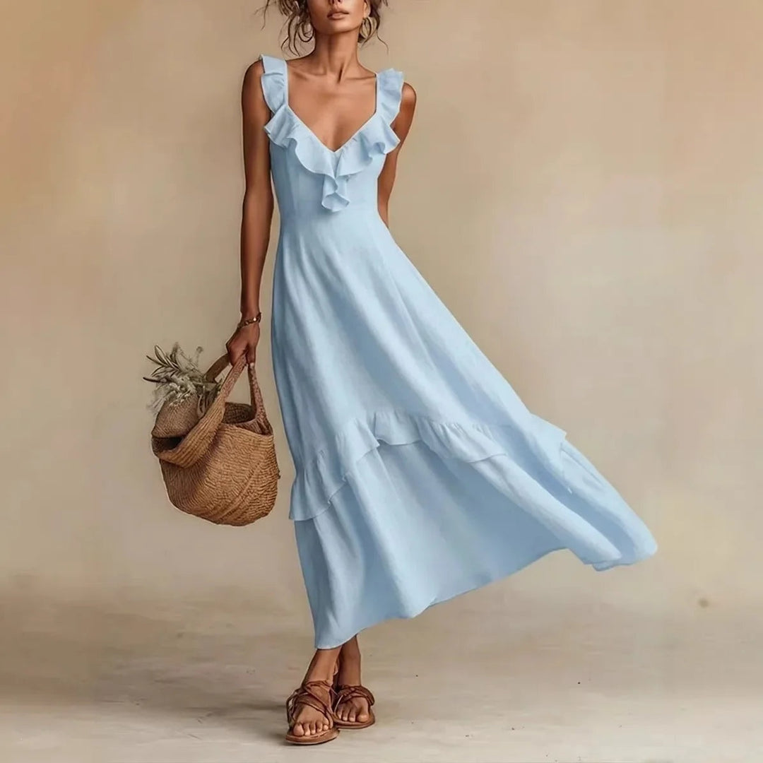 Women's Summer Maxi Dress with Ruffle V-Neck