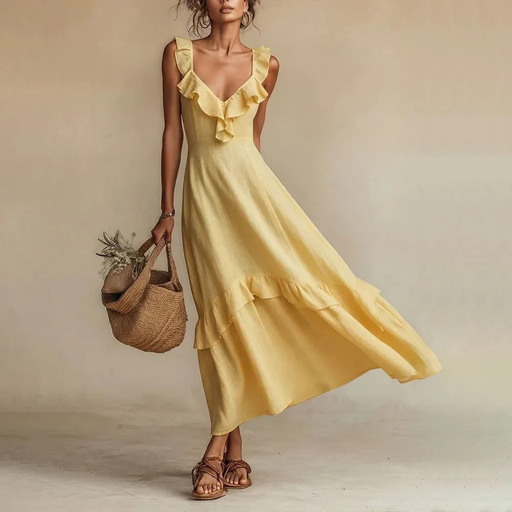 Women's Summer Maxi Dress with Ruffle V-Neck