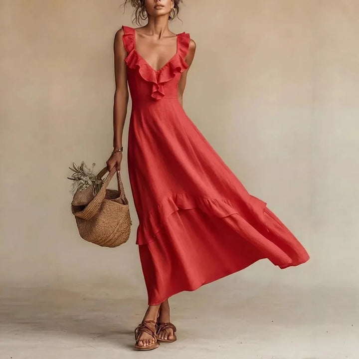 Women's Summer Maxi Dress with Ruffle V-Neck