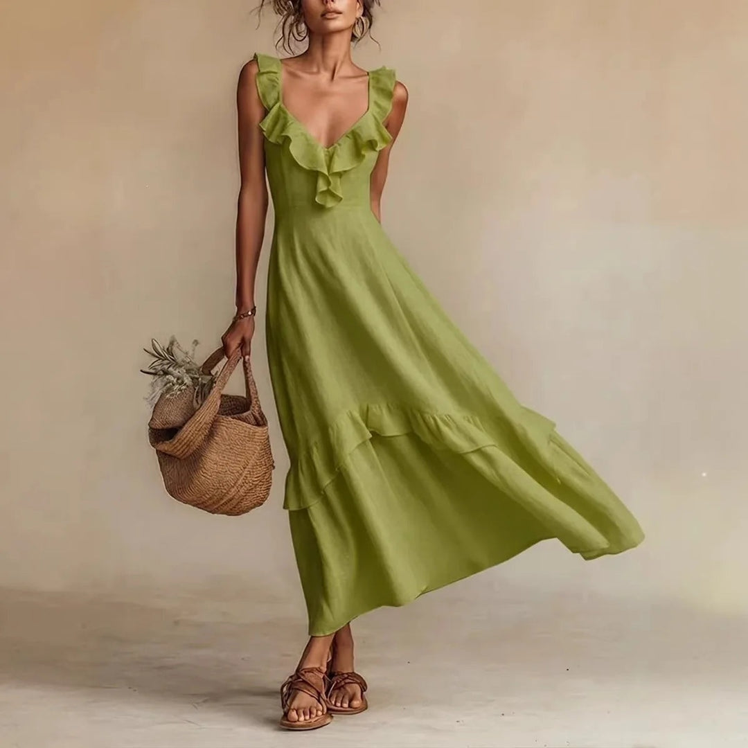 Women's Summer Maxi Dress with Ruffle V-Neck