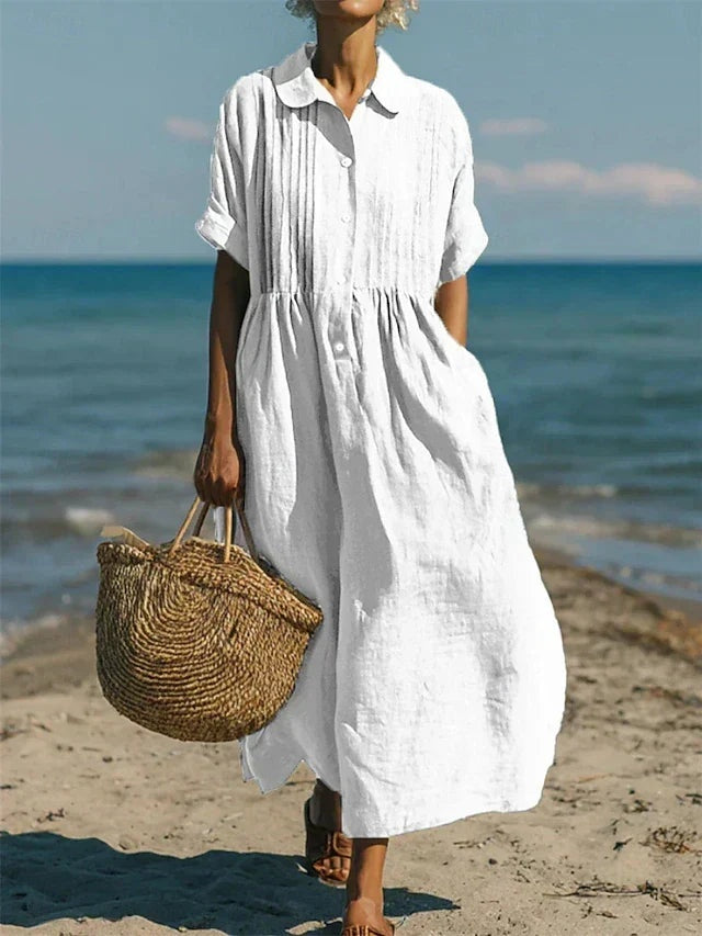 Women's Summer Midi Shirt Dress with Pintuck Bodice