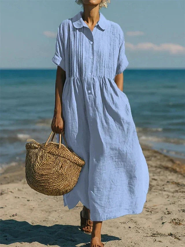 Women's Summer Midi Shirt Dress with Pintuck Bodice