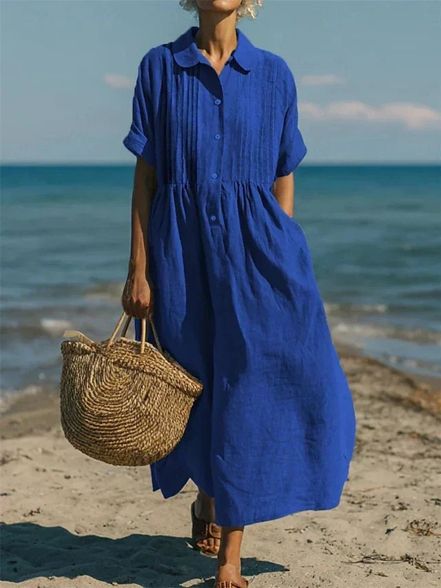 Women's Summer Midi Shirt Dress with Pintuck Bodice