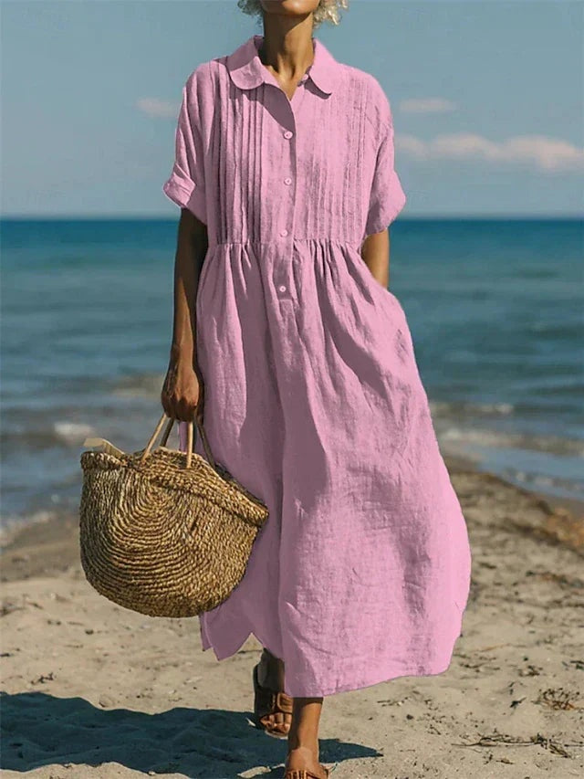 Women's Summer Midi Shirt Dress with Pintuck Bodice