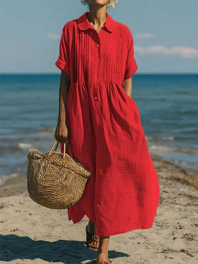 Women's Summer Midi Shirt Dress with Pintuck Bodice