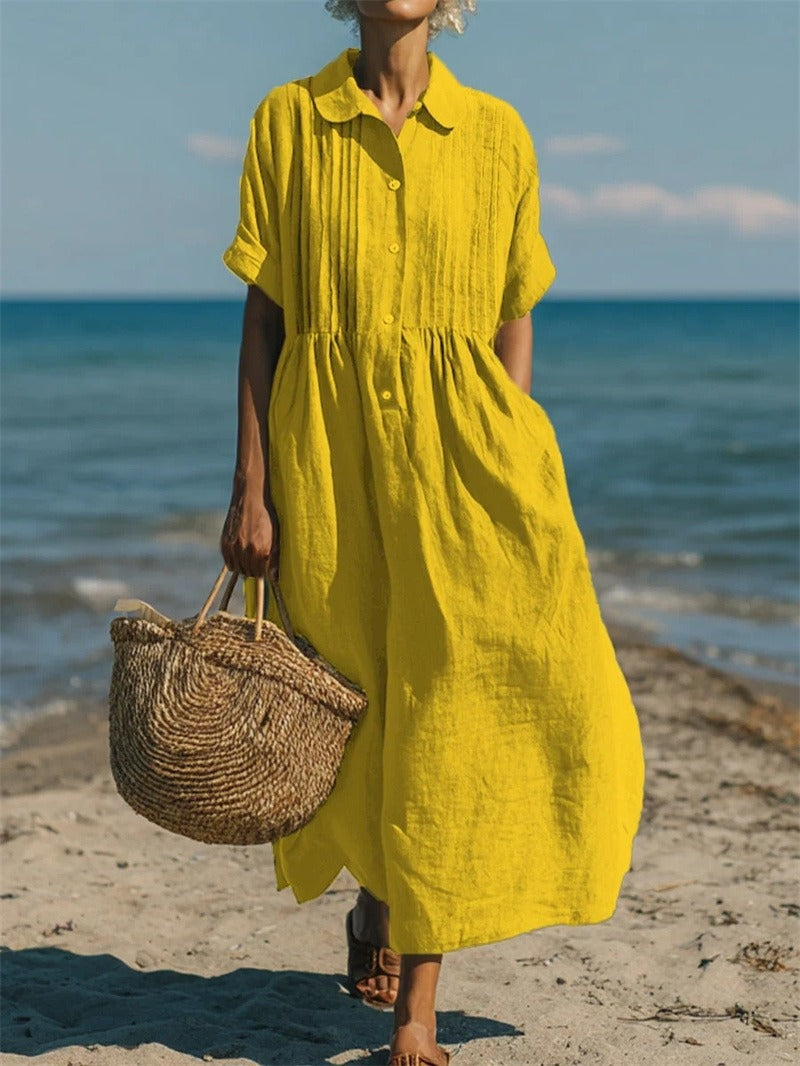 Women's Summer Midi Shirt Dress with Pintuck Bodice