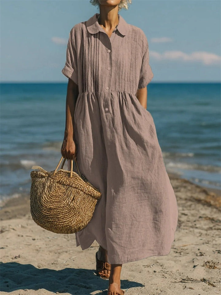 Women's Summer Midi Shirt Dress with Pintuck Bodice
