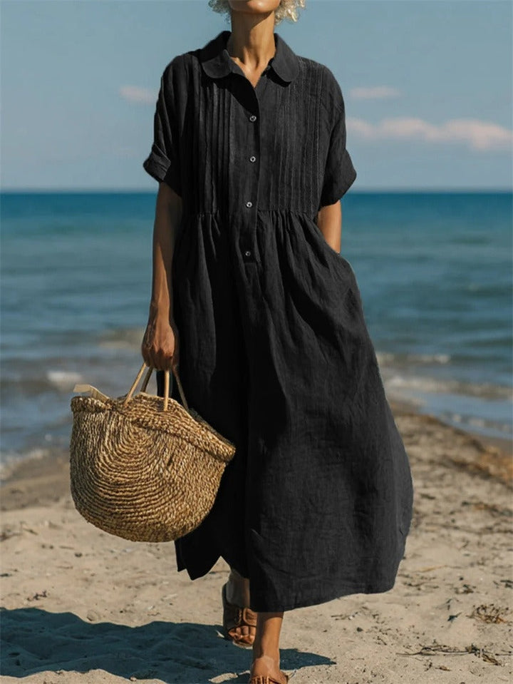 Women's Summer Midi Shirt Dress with Pintuck Bodice