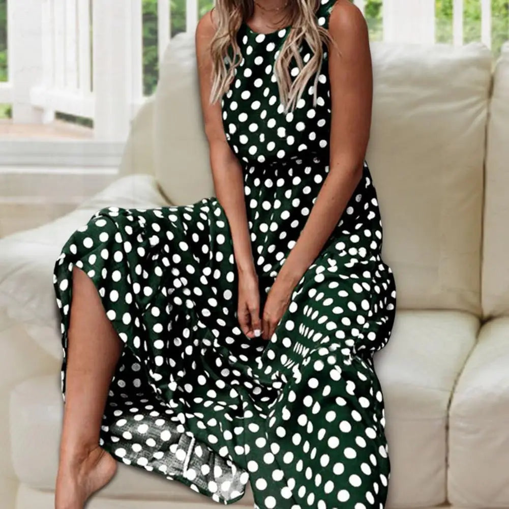 Women's Summer Polka Dot Maxi Dress Sleeveless