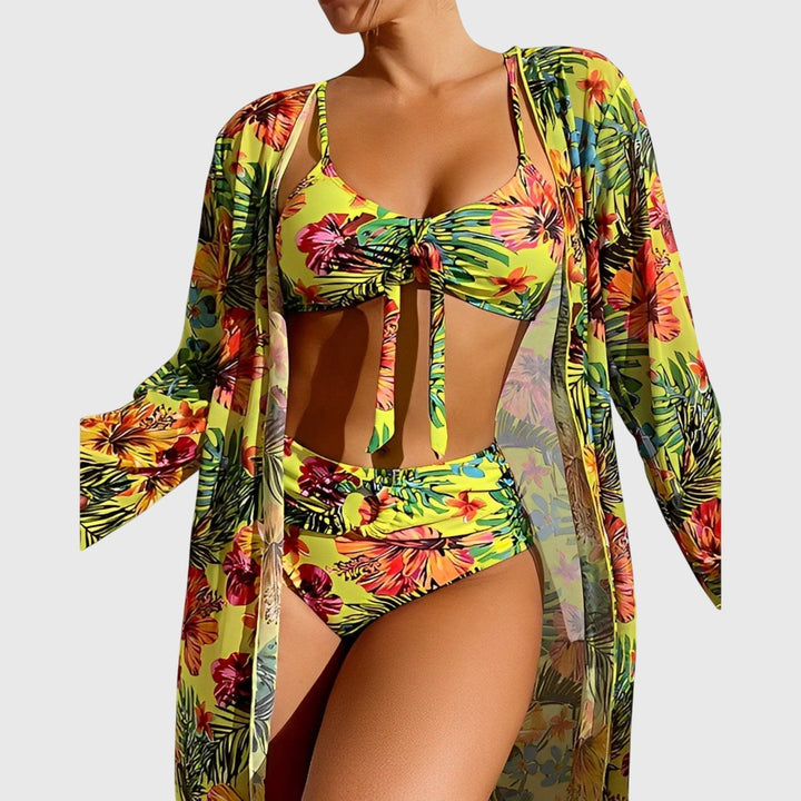 Women's Tropical Print High Waisted Bikini Set with Cover Up