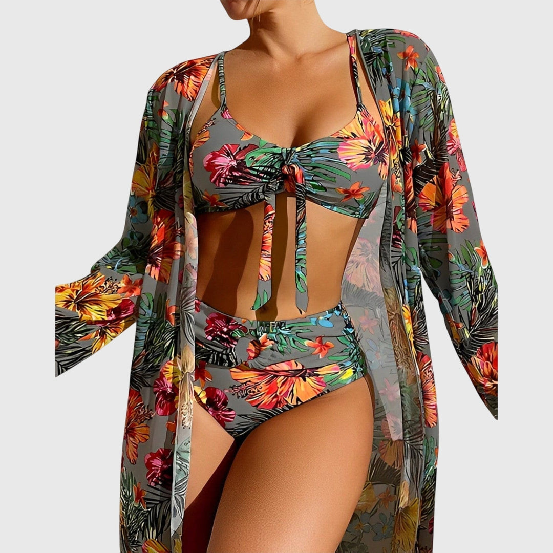 Women's Tropical Print High Waisted Bikini Set with Cover Up
