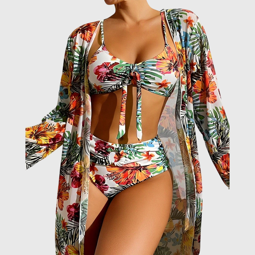 Women's Tropical Print High Waisted Bikini Set with Cover Up