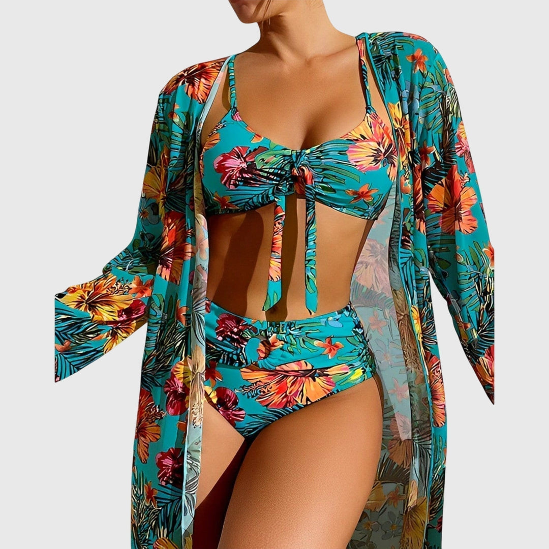 Women's Tropical Print High Waisted Bikini Set with Cover Up