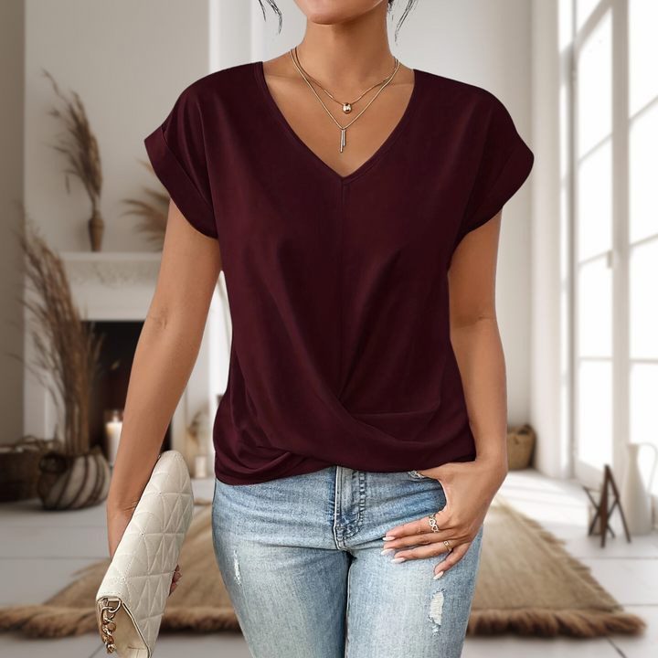 Women's V-Neck Blouse Short Sleeve with Twisted Hem