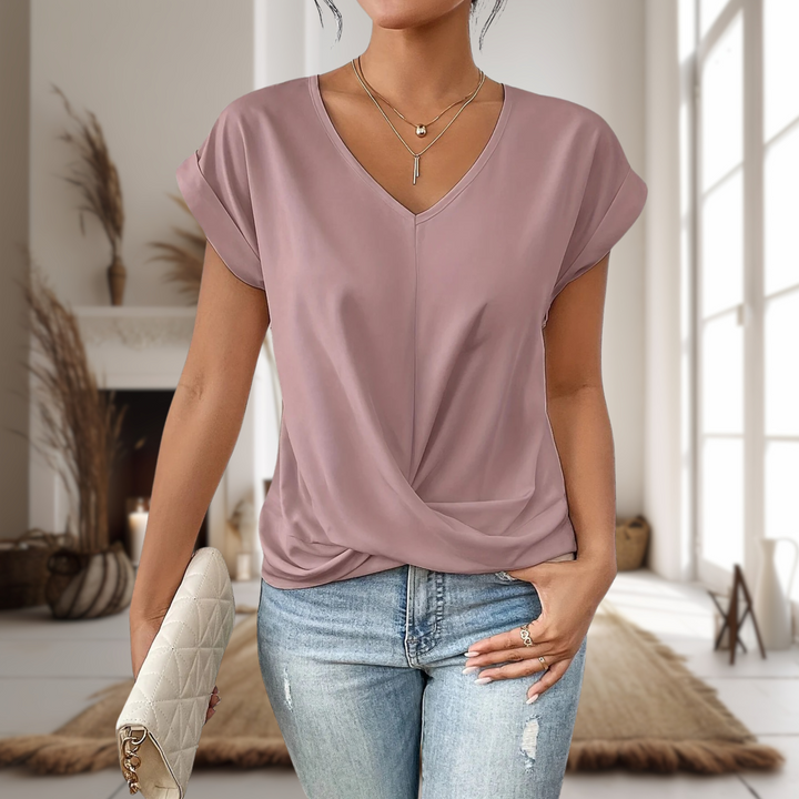 Women's V-Neck Blouse Short Sleeve with Twisted Hem